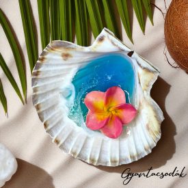   ÉKSZERTARTÓ RÓZSASZÍN PLUMERIA VIRÁGGAL - VALÓDI ÓRIÁSKAGYLÓ GYŰRŰTARTÓ - GYANTACSODÁK